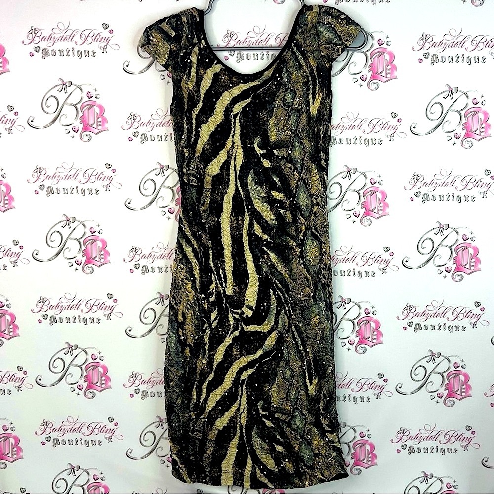 Frank Lyman Design dress sparkly sequins animal Black and Gold Zebra Mini Dress
